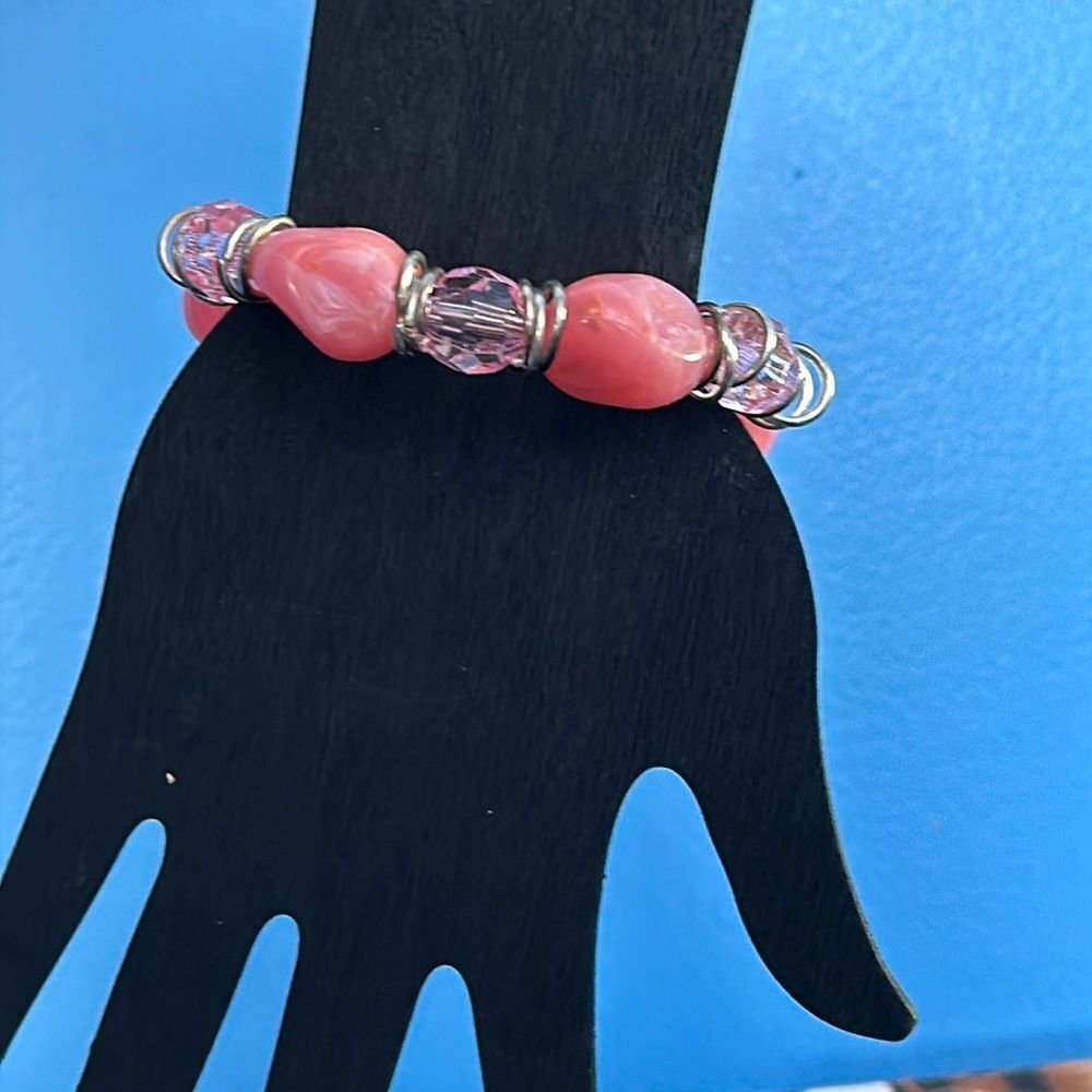 Pink Stone & Bead Stretch Bracelet Boho Style Fashion Jewelry Women's Accessory